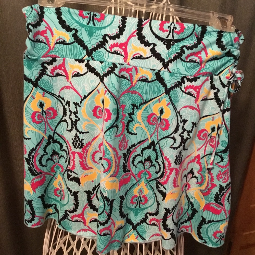 Soybu Aqua Paisley Print Skirt with Pink, Yellow & Black Accents